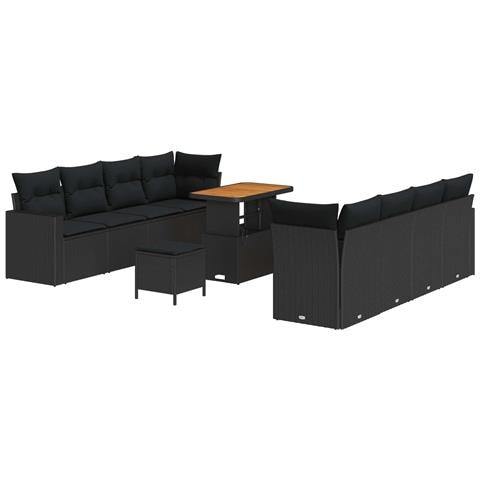 Set Divano da Giardino 11 Pezzi con Cuscini Nero Polyrattan Acacia, Set Mobili da Giardino 3 Pezzi con Cuscini Nero Polyrattan Acacia - Foto 1