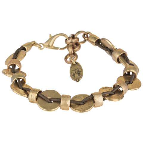 Bracciale In Pelle ""linked"" Color Oro E Pelle Marrone - Foto 1