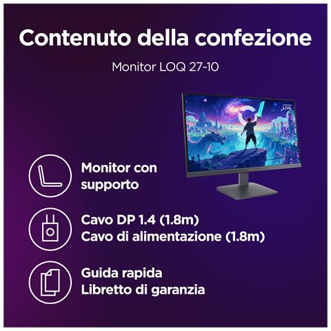 LOQ 27-10 - Monitor Gaming 27" IPS Flat FHD 1920x1080 0 200Hz 0.5ms - AMD FreeSync Premium + VESA AdaptiveSync 2xHDMI 2.1 + 1xDP 1.4 - Stand Tilt Cavo DP incluso - Foto 2