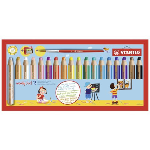 woody 3 in 1 - Matita colorata Multi-Funzione - Astuccio da 18 - con Temperino e Pennello - Colori assortiti - Foto 1