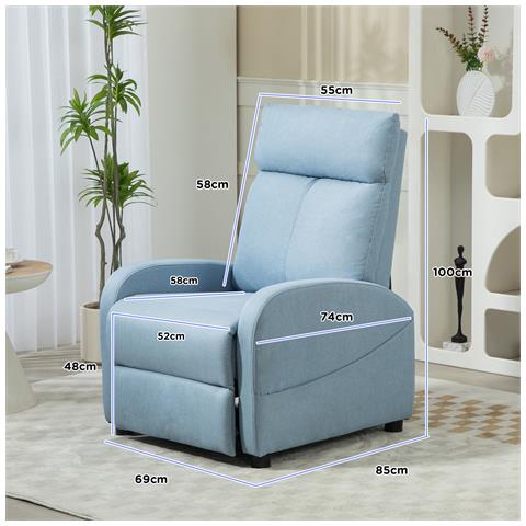 Poltrona Relax Reclinabile con Poggiapiedi in Tessuto Effetto Lino, 69x85x100 cm, Azzurro - Foto 2