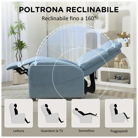 Poltrona Relax Reclinabile con Poggiapiedi in Tessuto Effetto Lino, 69x85x100 cm, Azzurro - Foto 6