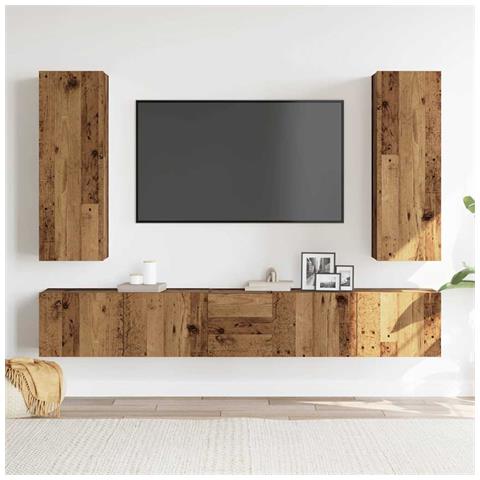 Set Mobile Tv 5 Pz Montato A Parete Legno Antico In Truciolato - Foto 3