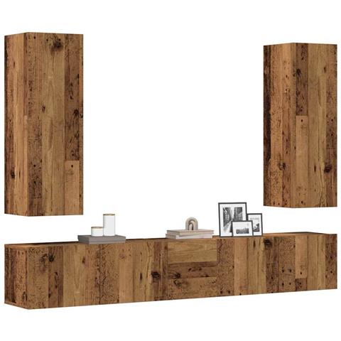 Set Mobile Tv 5 Pz Montato A Parete Legno Antico In Truciolato - Foto 1