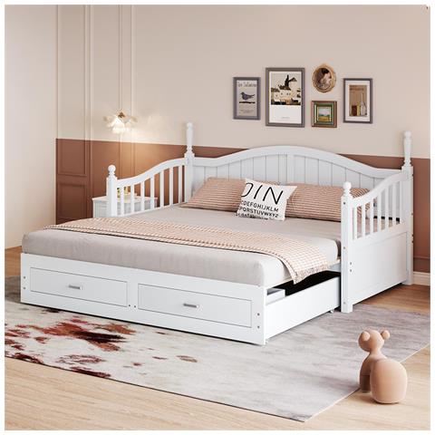 Divano Letto In Legno Massiccio 90/180x190 Cm, Con Cassetti E Rete A Doghe, Pino, Bianco - Foto 1