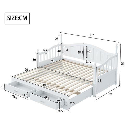 Divano Letto In Legno Massiccio 90/180x190 Cm, Con Cassetti E Rete A Doghe, Pino, Bianco - Foto 2