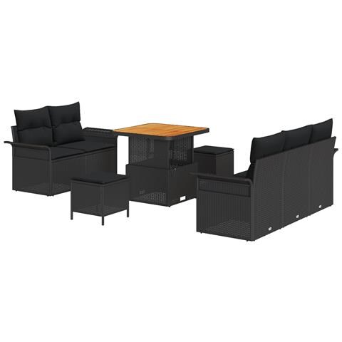 Set Divano da Giardino 8 Pezzi con Cuscini Nero Rattan Polietilene Acacia, Divano da Giardino 2 Posti con Cuscini Nero Rattan Polietilene, Set da Pranzo da Giardino 3 Pezzi con Cuscini Nero Rattan Polietilene Acacia - Foto 1