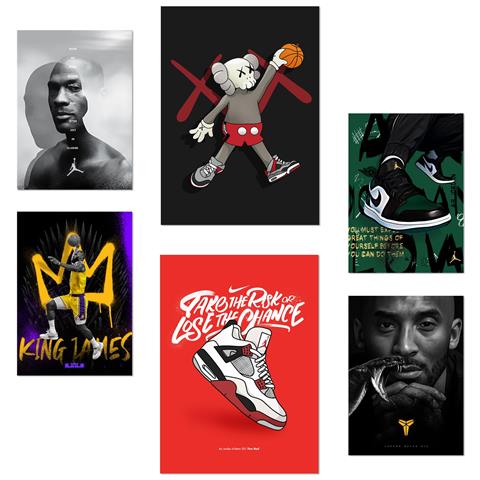 Set Di 6 Stampe Iconica Scarpa Da Basket King James Jordan Nike Con Illustrazioni Di Design Per Spazi Domestici Negozio E Magazzino A3 & A4 Senza Cornice - Foto 1