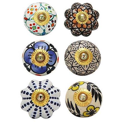 Multi Colore In Ceramica Door Knob - Indian Mano Gabinetto Manopole Con Blue Brass Ceramica Fiore Armadio Cucina Porta Dressser - Set Di 6 Pezzi - Foto 1