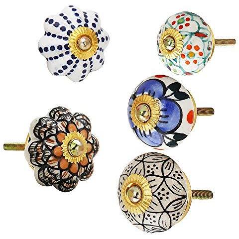 Multi Colore In Ceramica Door Knob - Indian Mano Gabinetto Manopole Con Blue Brass Ceramica Fiore Armadio Cucina Porta Dressser - Set Di 6 Pezzi - Foto 4