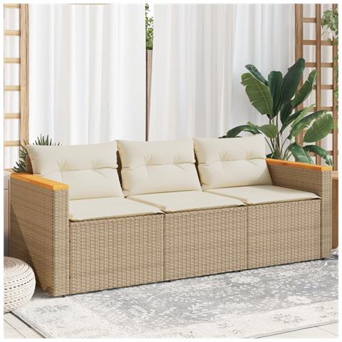 Divano Da Giardino Con Cuscini A 3 Posti Beige In Polyrattan - Foto 1