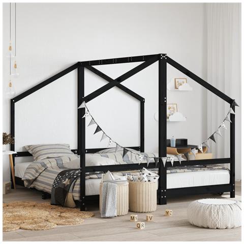 Giroletto Per Bambini Nero 2x (90x190) Cm Legno Massello Di Pino - Foto 1