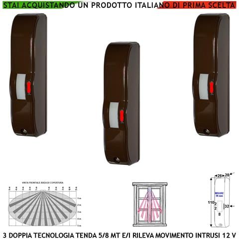 Sensore Di Movimento Marrone Tre Pezzi Doppia Tecnologia Tenda Infrarosso E Microonda Portata 5 Mt Ballatoio Interno P - Foto 1