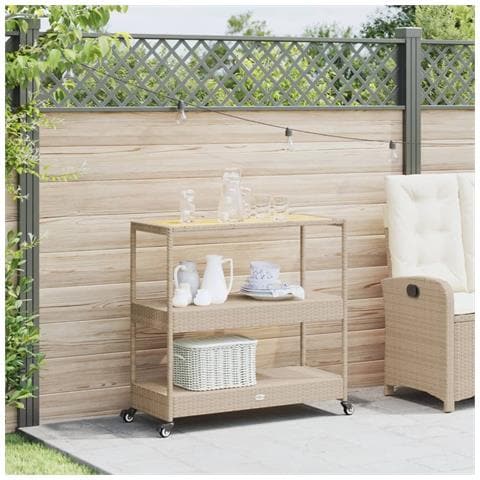 Carrello Da Bar 3 Livelli Beige In Polyrattan E Massello Acacia - Foto 3