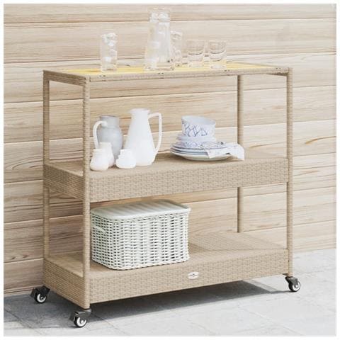 Carrello Da Bar 3 Livelli Beige In Polyrattan E Massello Acacia - Foto 1