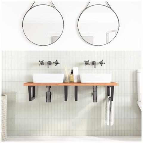 Ripiano A Parete Per Lavabo In Acciaio E Massello Di Faggio - Foto 2