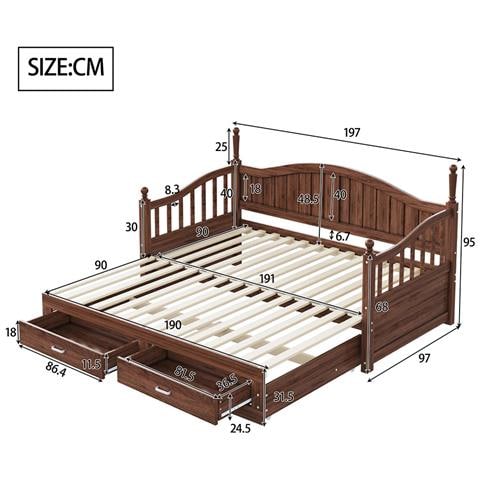Divano Letto In Legno Massiccio 90/180x190 Cm, Con Cassetti E Rete A Doghe, Pino, Noce - Foto 2