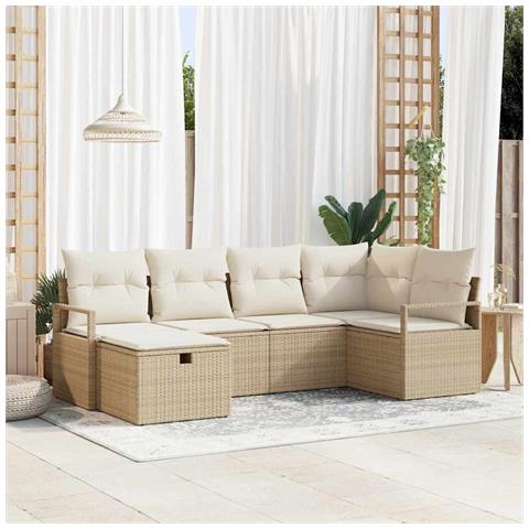 Set divani giardino 6 pezzi con cuscini Rattan poliestere beige,  Divano giardino 2 posti con stoccaggio e cuscini Rattan poliestere beige - Foto 2