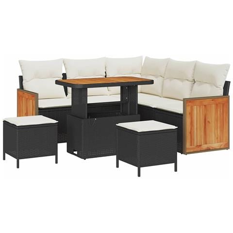 Set Divano da Giardino 8 Pezzi con Cuscini Nero Rattan Polietilene Acacia, Set da Pranzo da Giardino 3 Pezzi con Cuscini Nero Rattan Polietilene Acacia - Foto 1