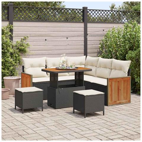 Set Divano da Giardino 8 Pezzi con Cuscini Nero Rattan Polietilene Acacia, Set da Pranzo da Giardino 3 Pezzi con Cuscini Nero Rattan Polietilene Acacia - Foto 2