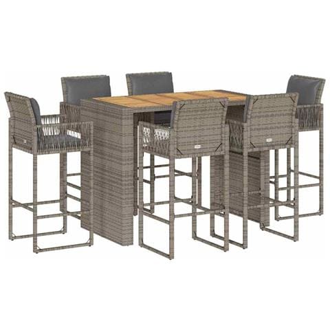 Set Bar da Giardino 7 pz con Cuscini Grigio Polyrattan Acacia - Foto 1