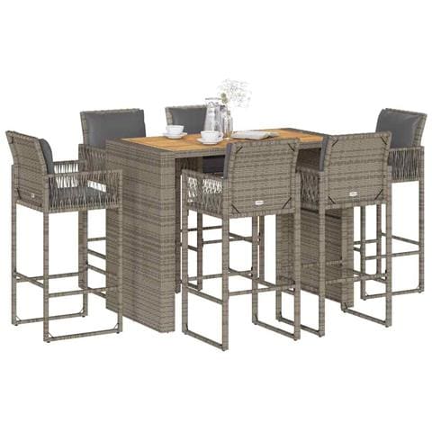 Set Bar da Giardino 7 pz con Cuscini Grigio Polyrattan Acacia - Foto 2
