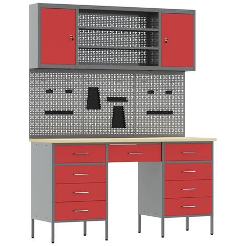 Set di Armadietti e Pannello Attrezzi  7 Pezzi Rosso MDF e Metallo - Foto 1