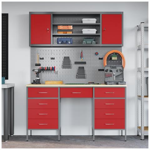 Set di Armadietti e Pannello Attrezzi  7 Pezzi Rosso MDF e Metallo - Foto 2