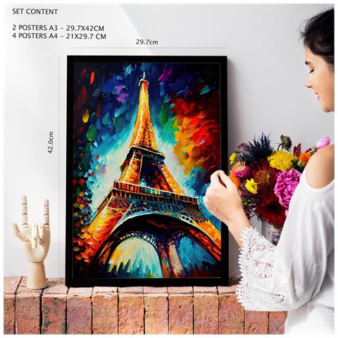 Set Di 6 Stampe Illustrazioni Di Monumenti E Città Dipinte A Olio In Stile Fotografico A Colori A3 & A4 Telaio In Legno Chiaro - Foto 2