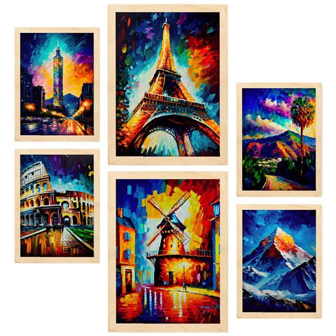 Set Di 6 Stampe Illustrazioni Di Monumenti E Città Dipinte A Olio In Stile Fotografico A Colori A3 & A4 Telaio In Legno Chiaro - Foto 1