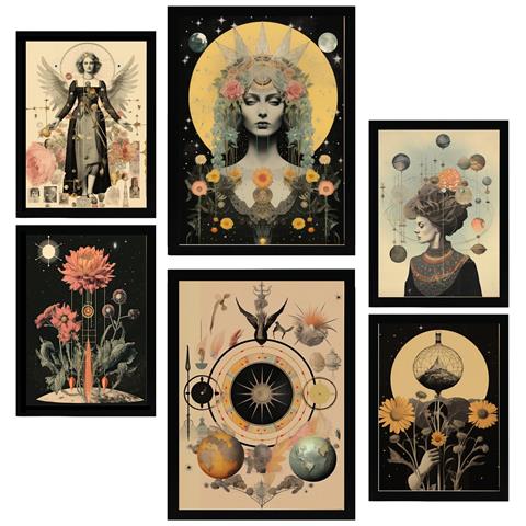 Set Di 6 Stampe Pittura Decorativa Collage Surreale In Mistico Esoterico Incorniciato Con Illustrazioni Per Le Pareti A3 & A4 Cornice Nera - Foto 1