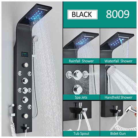 Pannello doccia, Blackswan, tipo M8009, modello nero con bocca, display digitale, doccetta bidet, LED e funzioni SPA, misura 128 cm - Foto 2