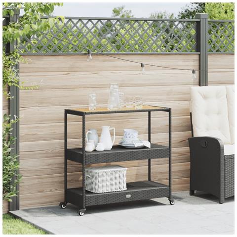 Carrello Da Bar 3 Livelli Nero In Polyrattan E Legno Acacia - Foto 3