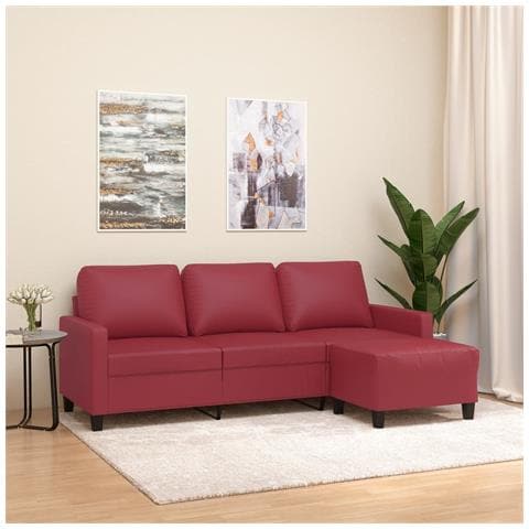 Divano A 3 Posti Con Poggiapiedi Rosso Vino 180cm In Similpelle - Foto 1