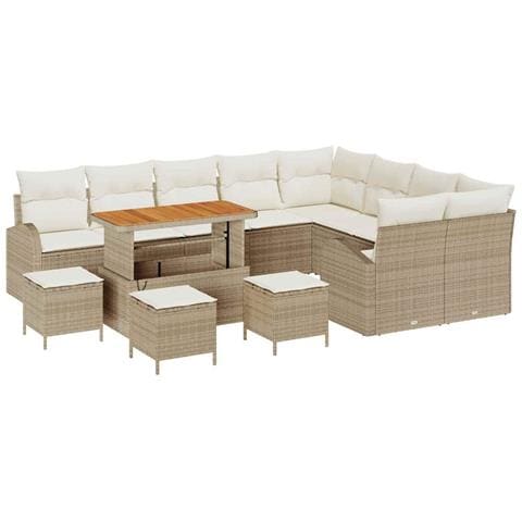 Set di divani da giardino con cuscini 13 pezzi beige polyrattan acacia, Set da pranzo da giardino 4 pezzi con cuscini beige polyrattan acacia, Divano da giardino 2 posti con cuscini beige polyrattan - Foto 1