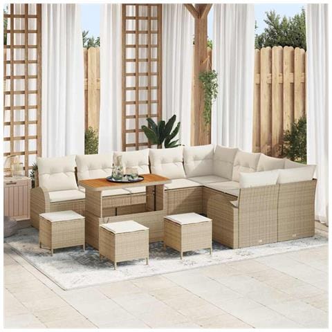 Set di divani da giardino con cuscini 13 pezzi beige polyrattan acacia, Set da pranzo da giardino 4 pezzi con cuscini beige polyrattan acacia, Divano da giardino 2 posti con cuscini beige polyrattan - Foto 2