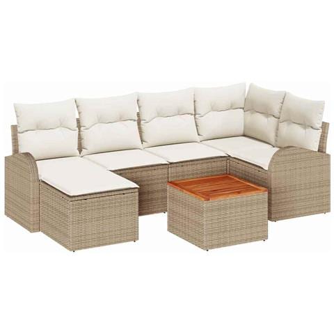 Set di Divano da Giardino 7 Pezzi con Cuscini Beige Rattan Poliestere Acacia, Divano da Giardino 2 Posti con Ripostiglio & Cuscini Beige Rattan Poliestere - Foto 1