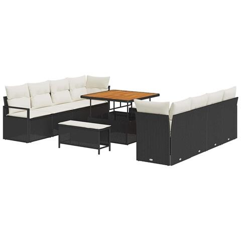 Set Divano da Giardino 11 Pezzi con Cuscini Nero Rattan Pannato Acacia,  Divano da Giardino 2 Posti con Cuscini Nero Rattan Pannato,  Set da Pranzo Giardino 3 Pezzi con Cuscini Nero Rattan Pannato Acacia - Foto 1