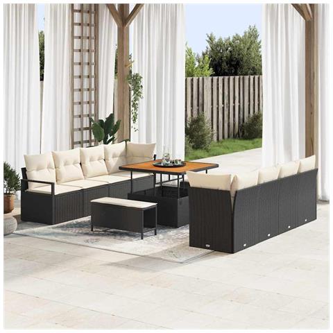Set Divano da Giardino 11 Pezzi con Cuscini Nero Rattan Pannato Acacia,  Divano da Giardino 2 Posti con Cuscini Nero Rattan Pannato,  Set da Pranzo Giardino 3 Pezzi con Cuscini Nero Rattan Pannato Acacia - Foto 2