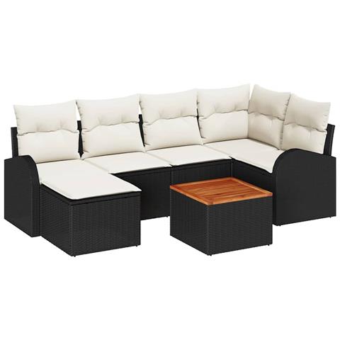 Set Divano da Giardino da 7 Pezzi con Cuscini Nero Polyrattan Acacia - Foto 1