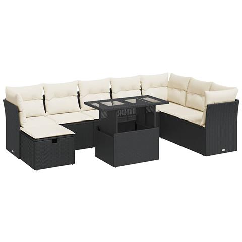 Set Divani da Giardino 9 pz con Cuscini Nero in Polyrattan - Foto 1