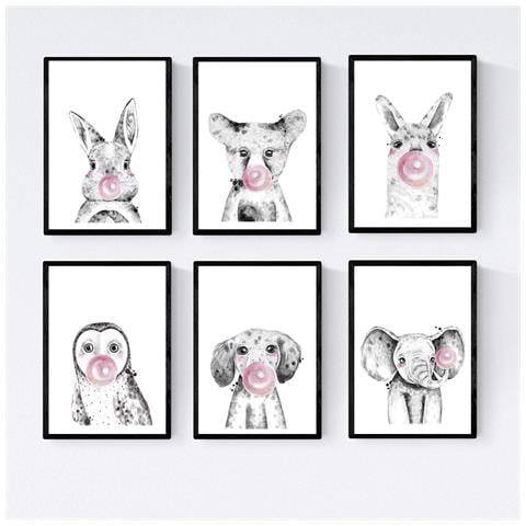 Set Di 6 Stampe Animali Bambini Gomma Da Masticare Cervo Maiale Volpe Gufo Cane A4 Cornice Nera - Foto 1