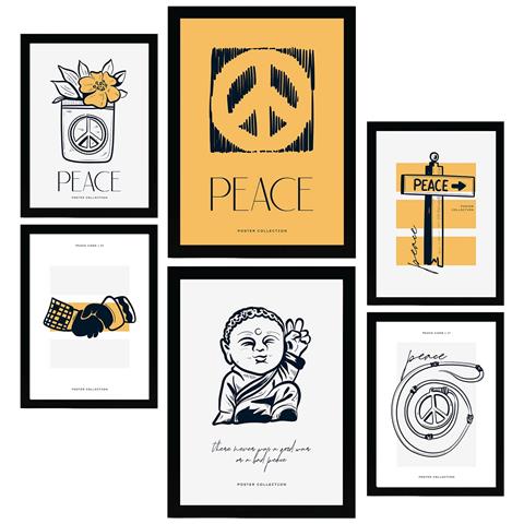Set Di 6 Stampe Stampe Artistiche Con Simboli Della Pace In Inchiostro Nero Raffiguranti Mare E Oceano Per L'interior Design A3 & A4 Cornice Nera - Foto 1