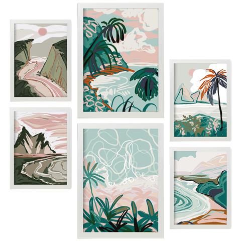 Set Di 6 Stampe Cornici Di Spiagge 1 In Sfondi Astratti Dipinti Decorativi Estetici Per Il Tuo Soggiorno Camera Da Letto Casa A3 & A4 Cornice Bianca - Foto 1