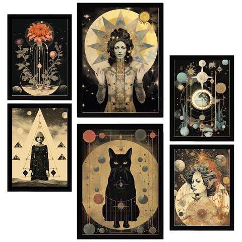 Set Di 6 Stampe Pittura Decorativa Surreale Collage In Mistico Esoterico Per Donne Incorniciata Con Illustrazioni A3 & A4 Cornice Nera - Foto 1
