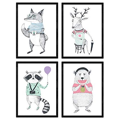 Set Di 4 Stampe Poster Moderni Animali Scandinavi. Magna Di Animali Con Design Nordico Senza Cornice A4 - Foto 1