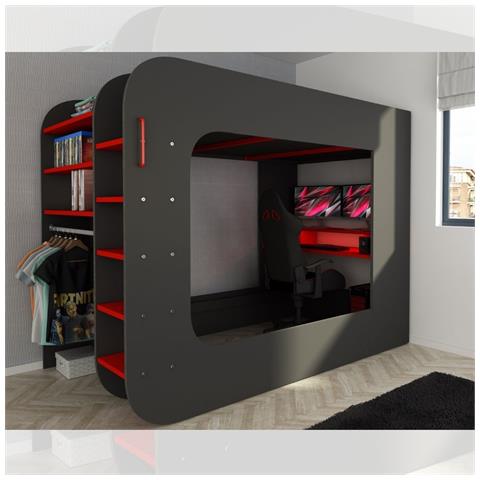 Letto A Soppalco 5000 Con Postazione Gamer Reversibile Antracite Rosso - Foto 2