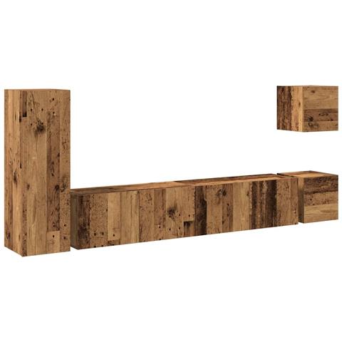 Set Mobile Tv 5 Pz Montato A Parete Legno Antico In Truciolato - Foto 2