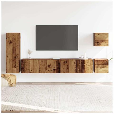 Set Mobile Tv 5 Pz Montato A Parete Legno Antico In Truciolato - Foto 3