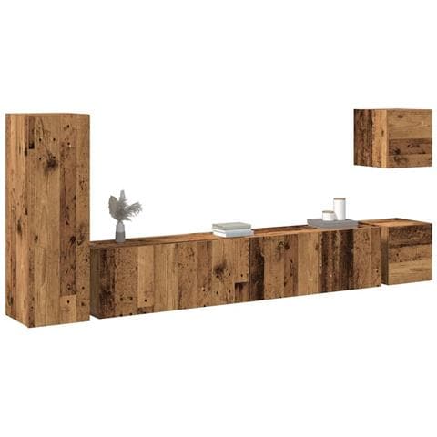 Set Mobile Tv 5 Pz Montato A Parete Legno Antico In Truciolato - Foto 1